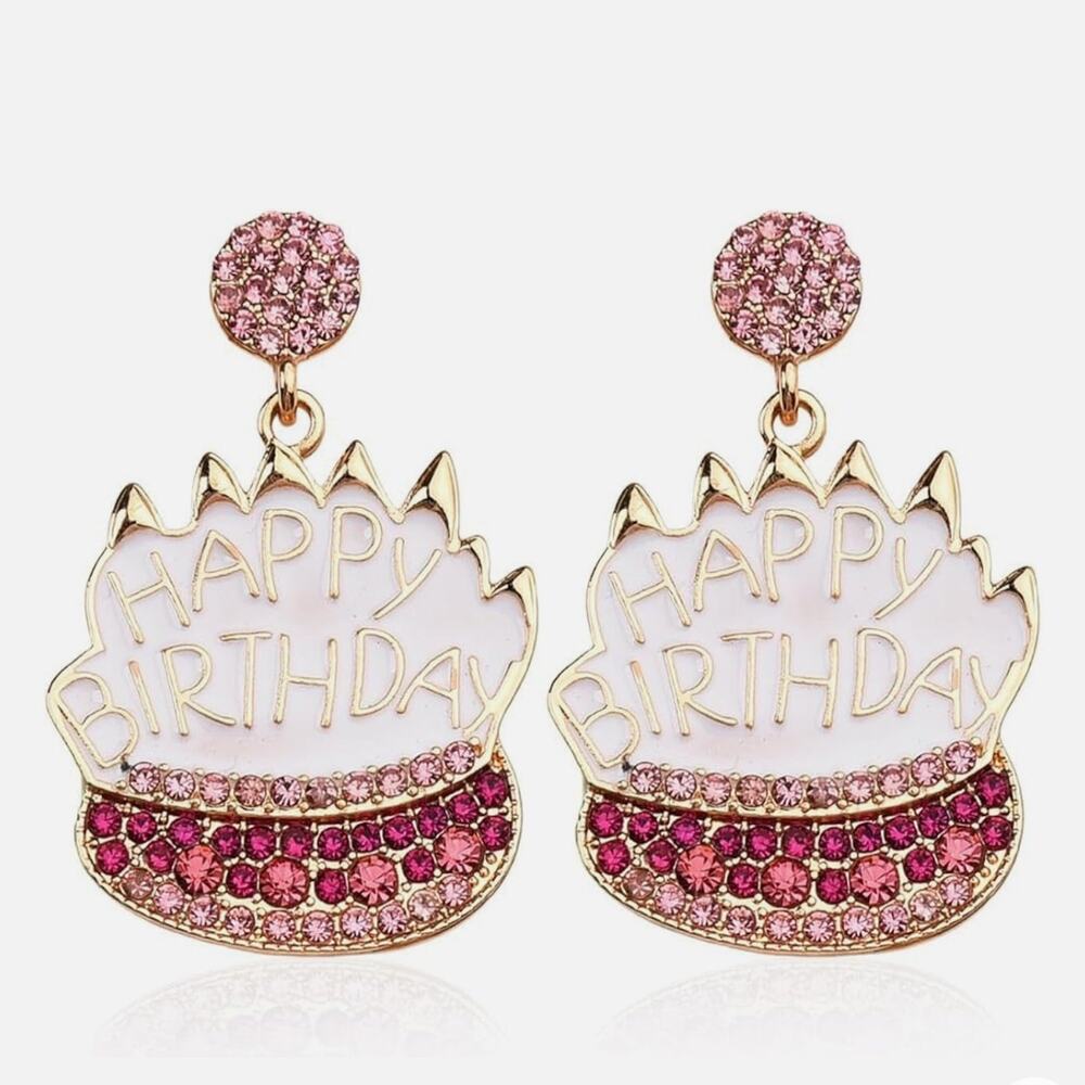 Happy Birthday pink crystal Drop Enamel Earrings